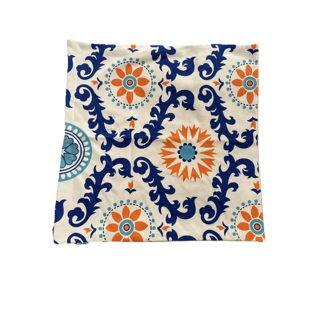 PILLOW COVER Boho Blue Orange Floral Mandala 20" Square With Zipper Colorful NEW